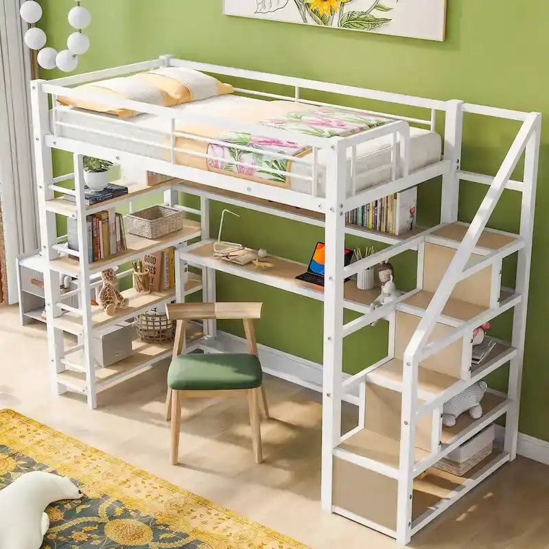 White Twin Metal Loft Bed with Staircase, Desk & Storage Shelves, 1-Person