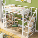 White Twin Metal Loft Bed with Staircase, Desk & Storage Shelves, 1-Person