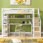 White Twin Metal Loft Bed with Staircase, Desk & Storage Shelves, 1-Person