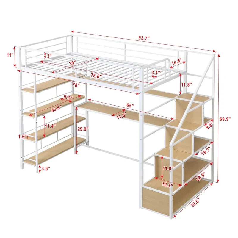 White Twin Metal Loft Bed with Staircase, Desk & Storage Shelves, 1-Person