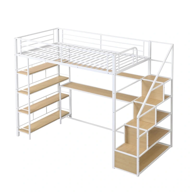 White Twin Metal Loft Bed with Staircase, Desk & Storage Shelves, 1-Person