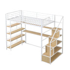 White Twin Metal Loft Bed with Staircase, Desk & Storage Shelves, 1-Person