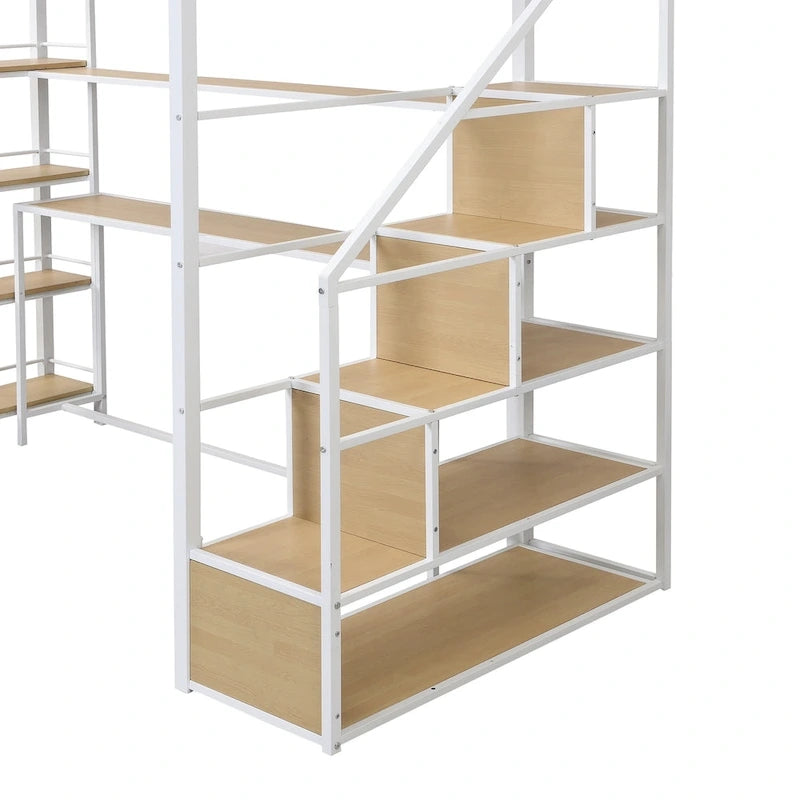 White Twin Metal Loft Bed with Staircase, Desk & Storage Shelves, 1-Person