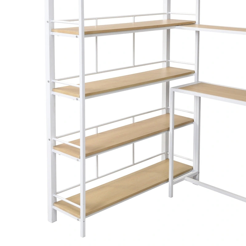 White Twin Metal Loft Bed with Staircase, Desk & Storage Shelves, 1-Person