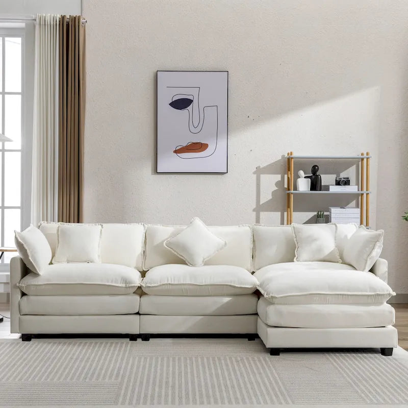 112.2  L-Shape Chenille Upholstered Sofa for Living Room Modern Luxury Sofa Couch with Ottoman, 5 Pillows, Beige