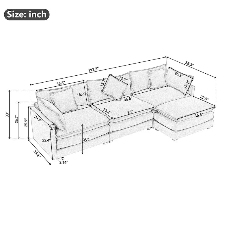 Beige L-Shape Chenille Sofa with Ottoman & 5 Pillows, Seats 3–4