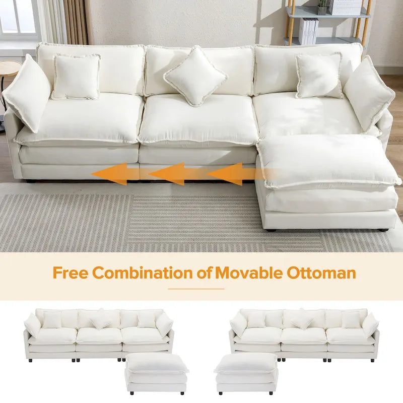 Beige L-Shape Chenille Sofa with Ottoman & 5 Pillows, Seats 3–4