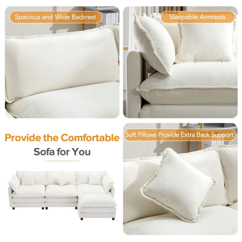 Beige L-Shape Chenille Sofa with Ottoman & 5 Pillows, Seats 3–4