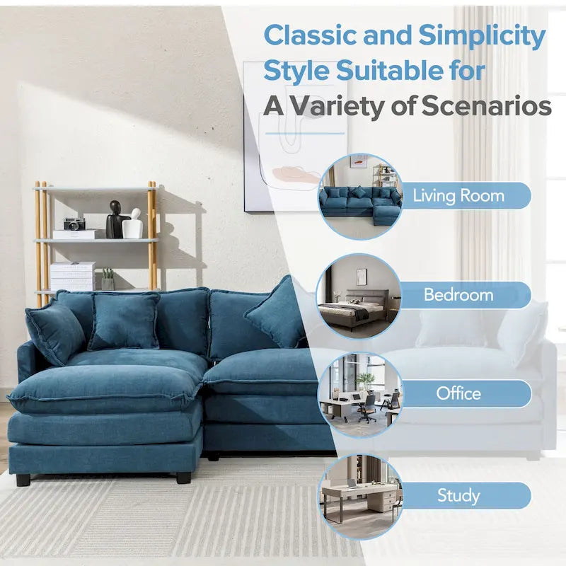 Beige L-Shape Chenille Sofa with Ottoman & 5 Pillows, Seats 3–4