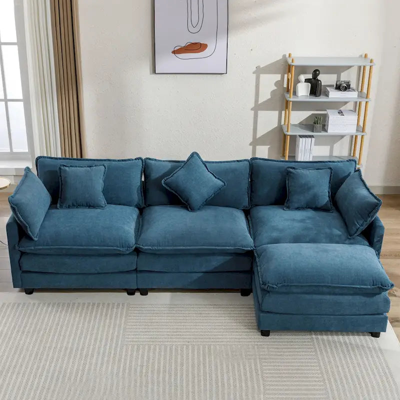 Beige L-Shape Chenille Sofa with Ottoman & 5 Pillows, Seats 3–4