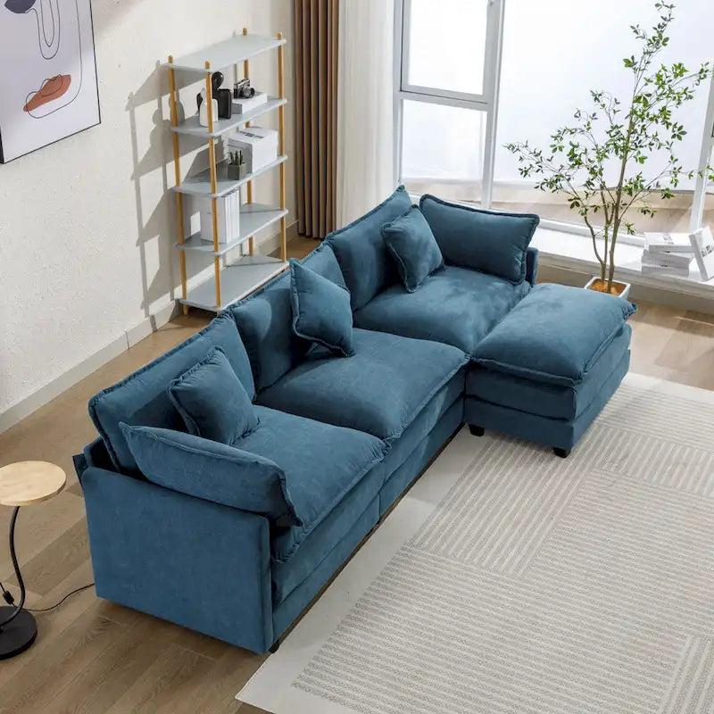 Beige L-Shape Chenille Sofa with Ottoman & 5 Pillows, Seats 3–4