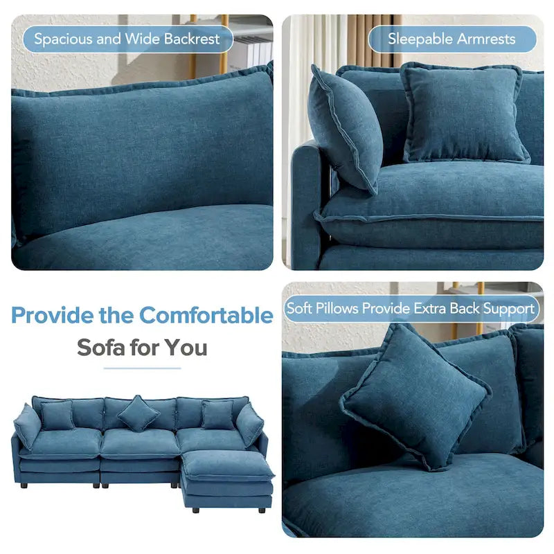 Beige L-Shape Chenille Sofa with Ottoman & 5 Pillows, Seats 3–4