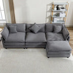 Beige L-Shape Chenille Sofa with Ottoman & 5 Pillows, Seats 3–4