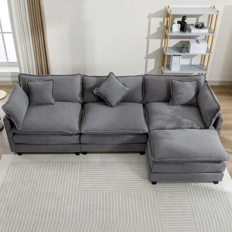 Beige L-Shape Chenille Sofa with Ottoman & 5 Pillows, Seats 3–4