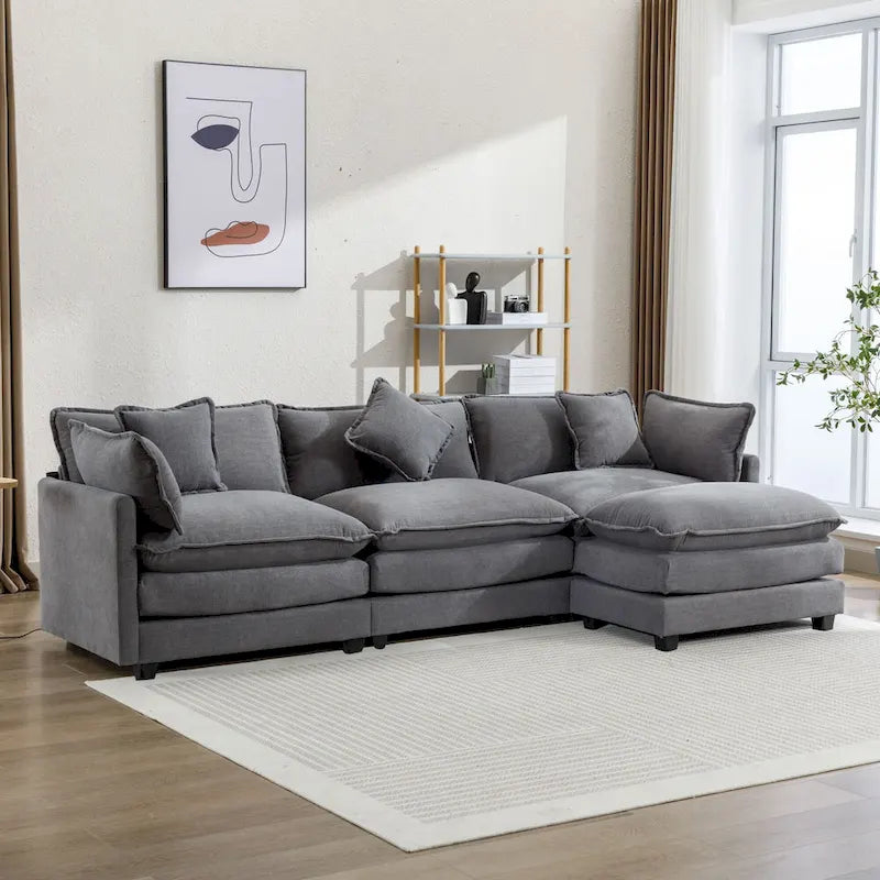Beige L-Shape Chenille Sofa with Ottoman & 5 Pillows, Seats 3–4