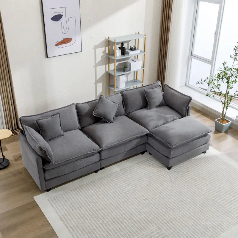 Beige L-Shape Chenille Sofa with Ottoman & 5 Pillows, Seats 3–4