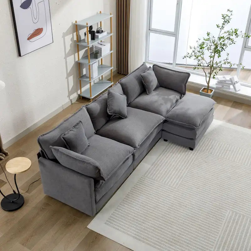 Beige L-Shape Chenille Sofa with Ottoman & 5 Pillows, Seats 3–4