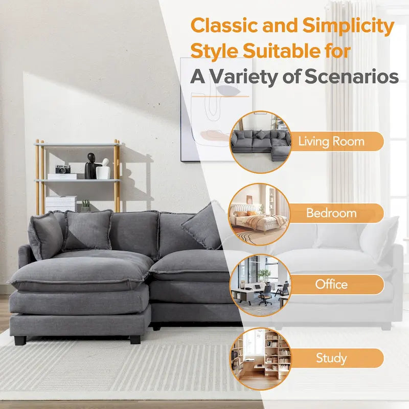 Beige L-Shape Chenille Sofa with Ottoman & 5 Pillows, Seats 3–4