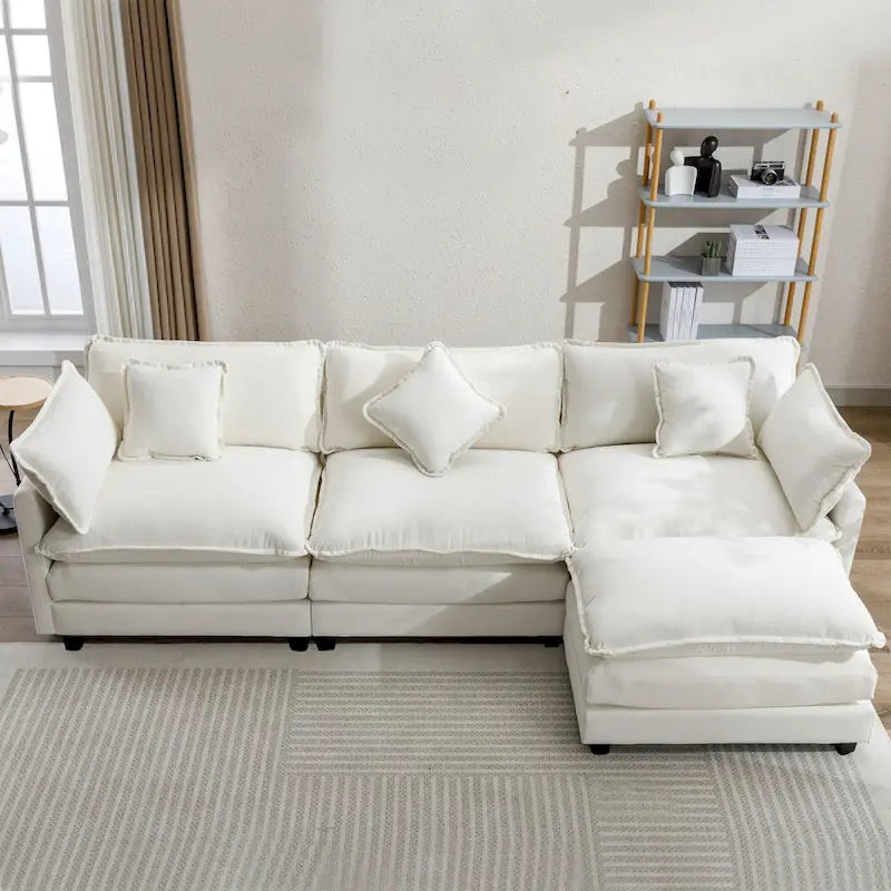 Beige L-Shape Chenille Sofa with Ottoman & 5 Pillows, Seats 3–4