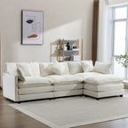 Beige L-Shape Chenille Sofa with Ottoman & 5 Pillows, Seats 3–4
