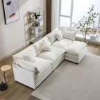 Beige L-Shape Chenille Sofa with Ottoman & 5 Pillows, Seats 3–4