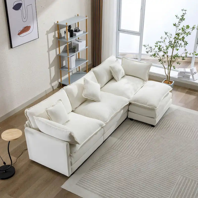Beige L-Shape Chenille Sofa with Ottoman & 5 Pillows, Seats 3–4