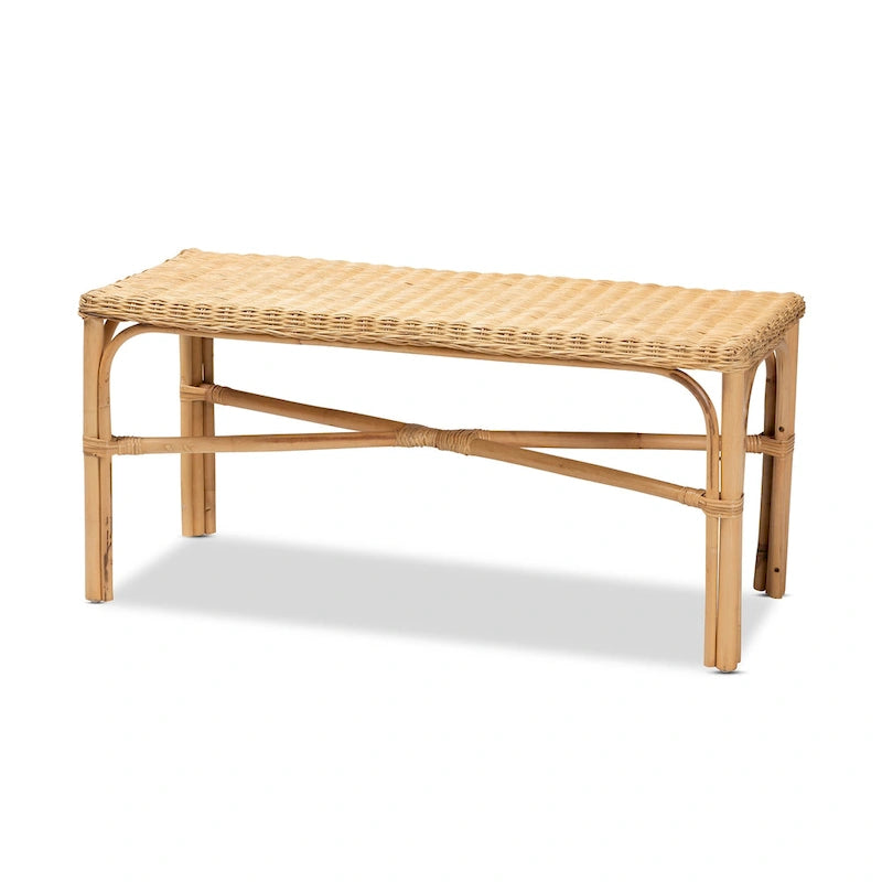 Natural Brown Rattan Woven Accent Bench, Bohemian Style, 1-Seat