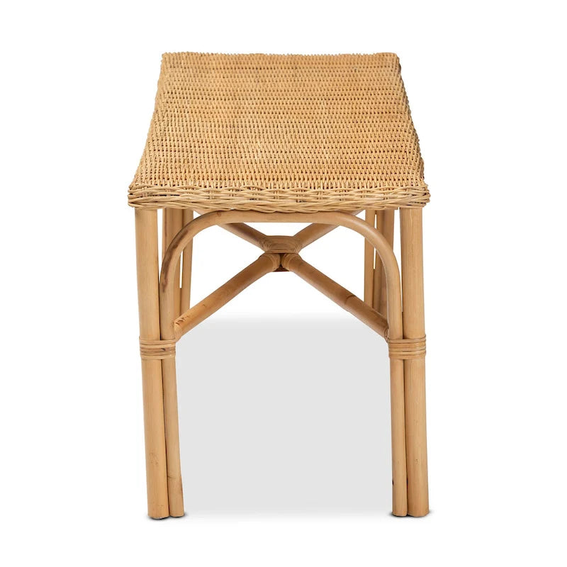 Natural Brown Rattan Woven Accent Bench, Bohemian Style, 1-Seat