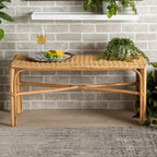 Natural Brown Rattan Woven Accent Bench, Bohemian Style, 1-Seat