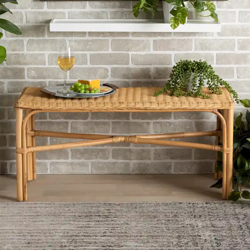 Natural Brown Rattan Woven Accent Bench, Bohemian Style, 1-Seat