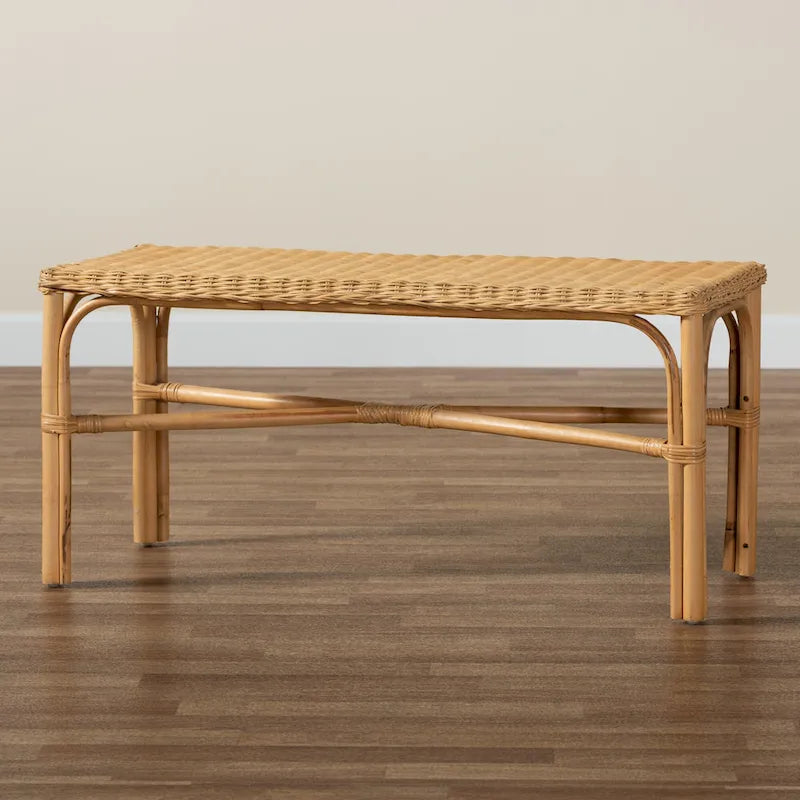 Natural Brown Rattan Woven Accent Bench, Bohemian Style, 1-Seat