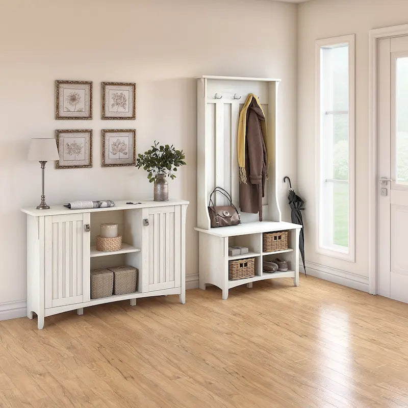 White/Black/Grey Mission Style Entryway Hall Tree, Shoe Bench & Cabinet Set, 1-Person