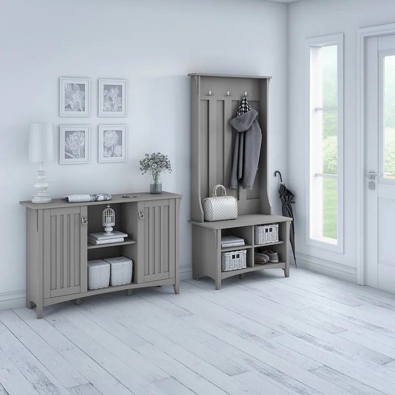 White/Black/Grey Mission Style Entryway Hall Tree, Shoe Bench & Cabinet Set, 1-Person