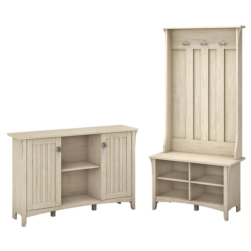 White/Black/Grey Mission Style Entryway Hall Tree, Shoe Bench & Cabinet Set, 1-Person