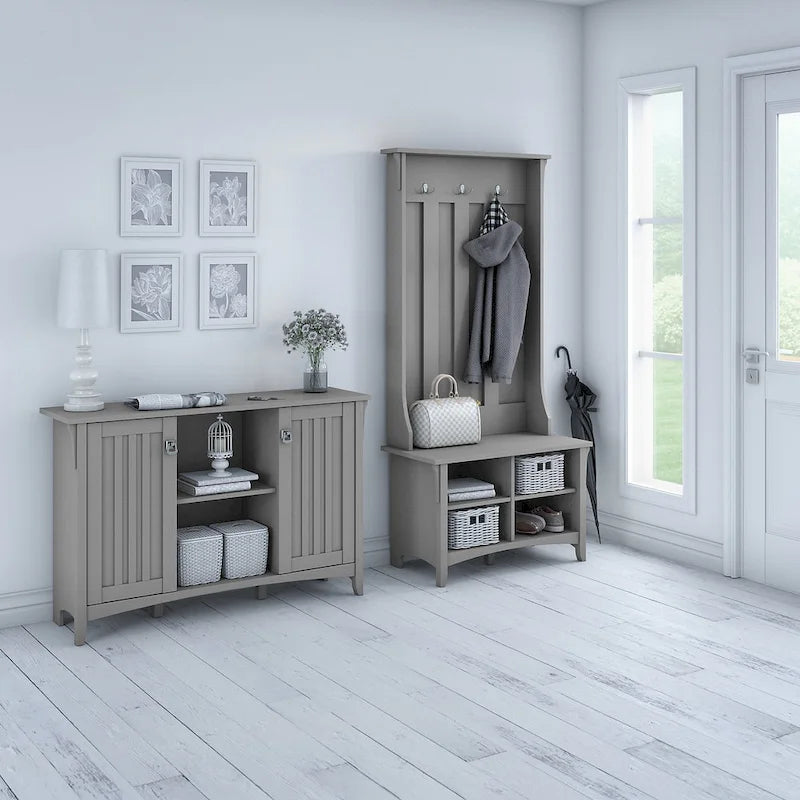 White/Black/Grey Mission Style Entryway Hall Tree, Shoe Bench & Cabinet Set, 1-Person