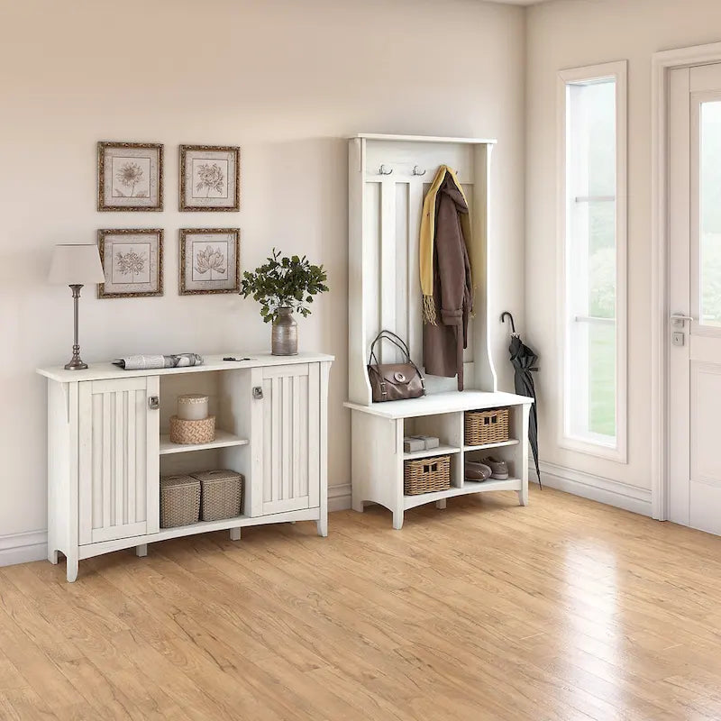 White/Black/Grey Mission Style Entryway Hall Tree, Shoe Bench & Cabinet Set, 1-Person
