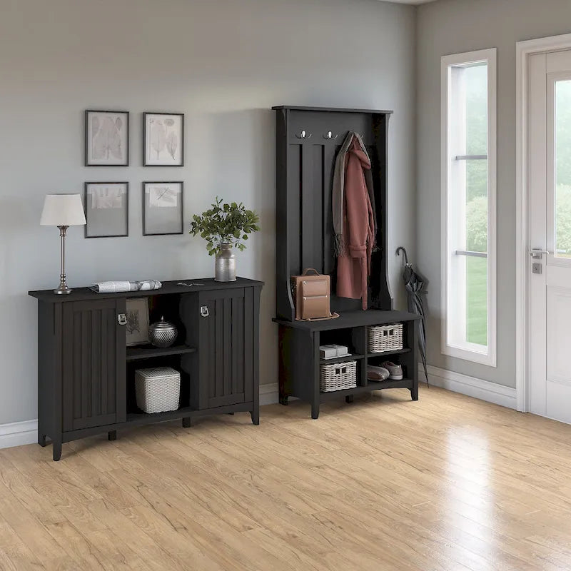White/Black/Grey Mission Style Entryway Hall Tree, Shoe Bench & Cabinet Set, 1-Person