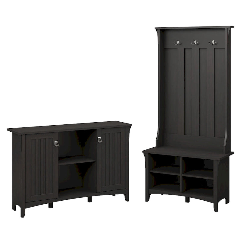 White/Black/Grey Mission Style Entryway Hall Tree, Shoe Bench & Cabinet Set, 1-Person