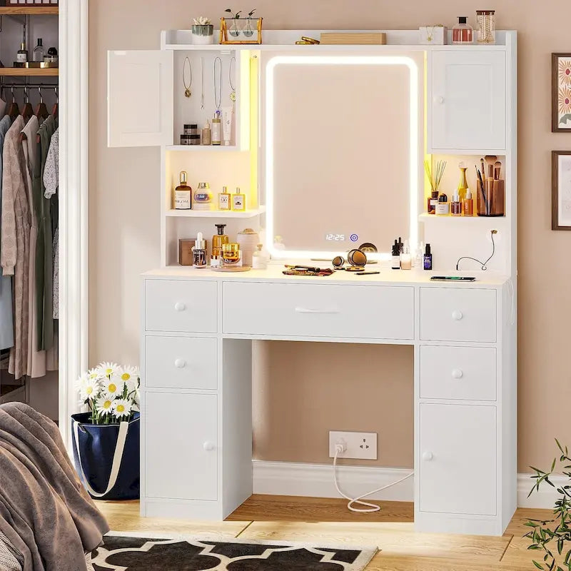 White/Brown/Black Vanity Desk with LED Mirror & Lights, 5 Drawers, Charging Station, for 1