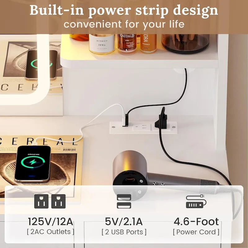 White/Brown/Black Vanity Desk with LED Mirror & Lights, 5 Drawers, Charging Station, for 1