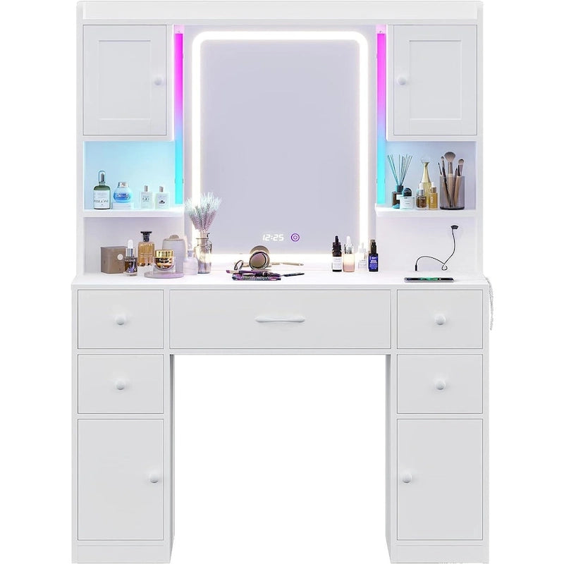 White/Brown/Black Vanity Desk with LED Mirror & Lights, 5 Drawers, Charging Station, for 1