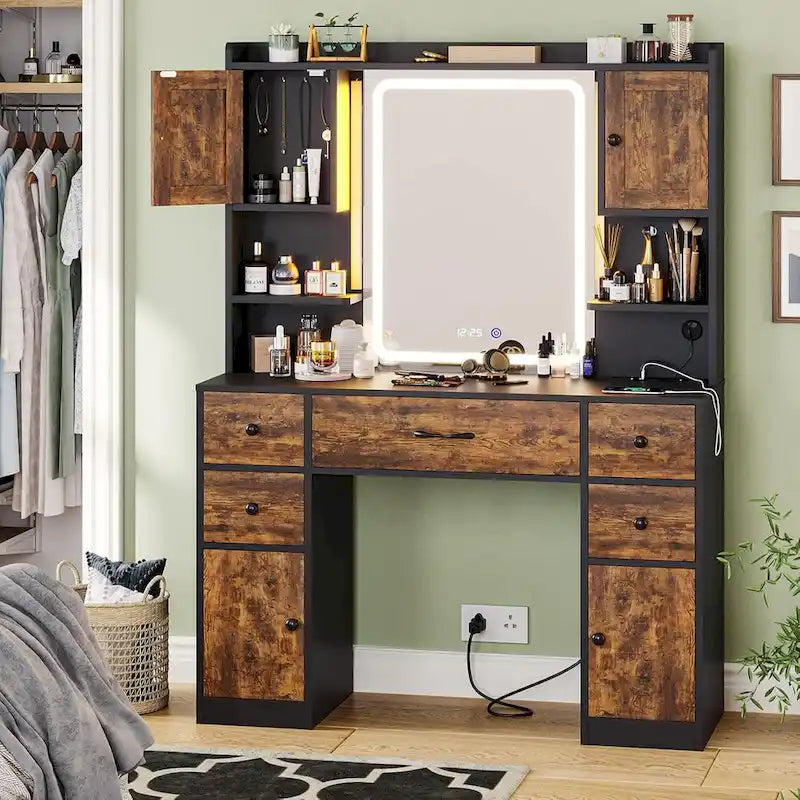 White/Brown/Black Vanity Desk with LED Mirror & Lights, 5 Drawers, Charging Station, for 1