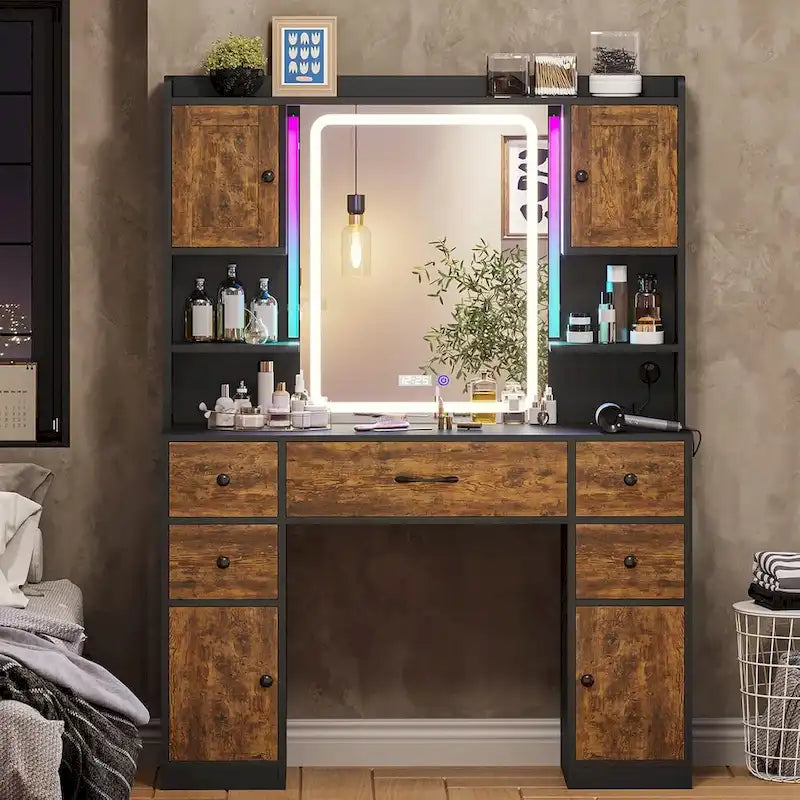 White/Brown/Black Vanity Desk with LED Mirror & Lights, 5 Drawers, Charging Station, for 1