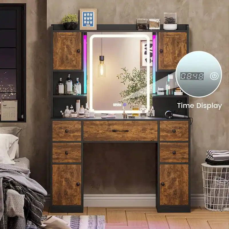 White/Brown/Black Vanity Desk with LED Mirror & Lights, 5 Drawers, Charging Station, for 1