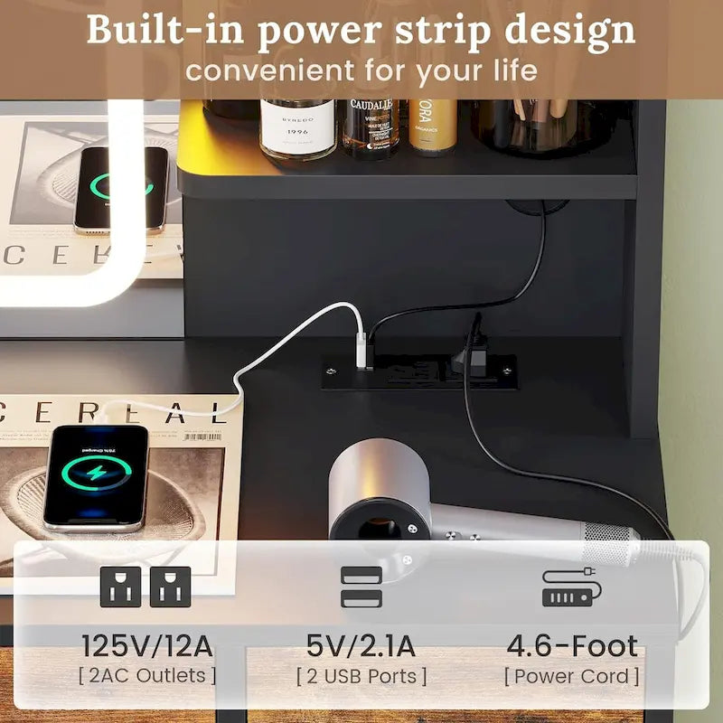 White/Brown/Black Vanity Desk with LED Mirror & Lights, 5 Drawers, Charging Station, for 1