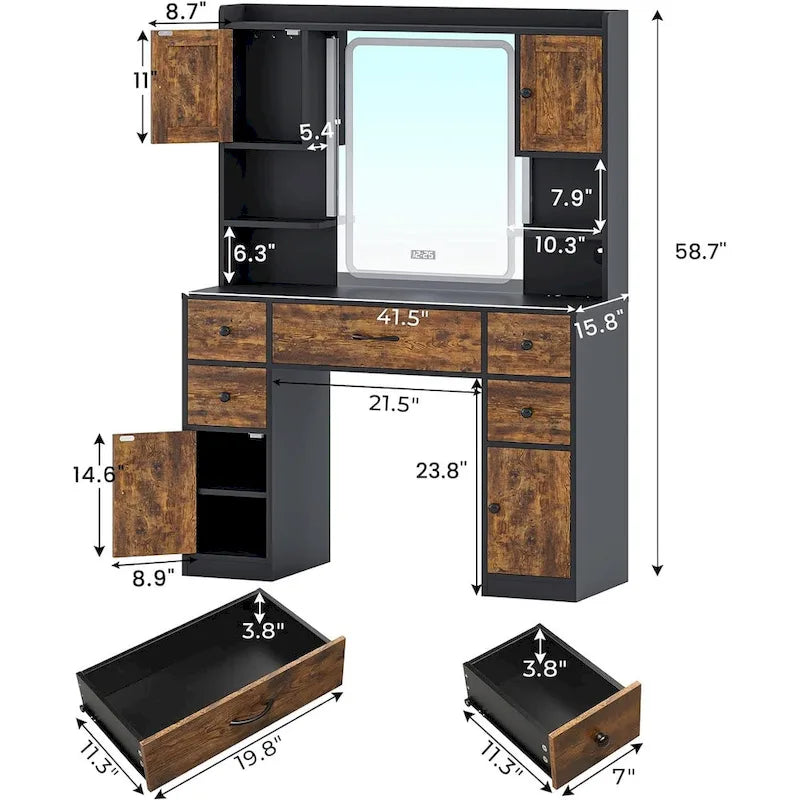 White/Brown/Black Vanity Desk with LED Mirror & Lights, 5 Drawers, Charging Station, for 1