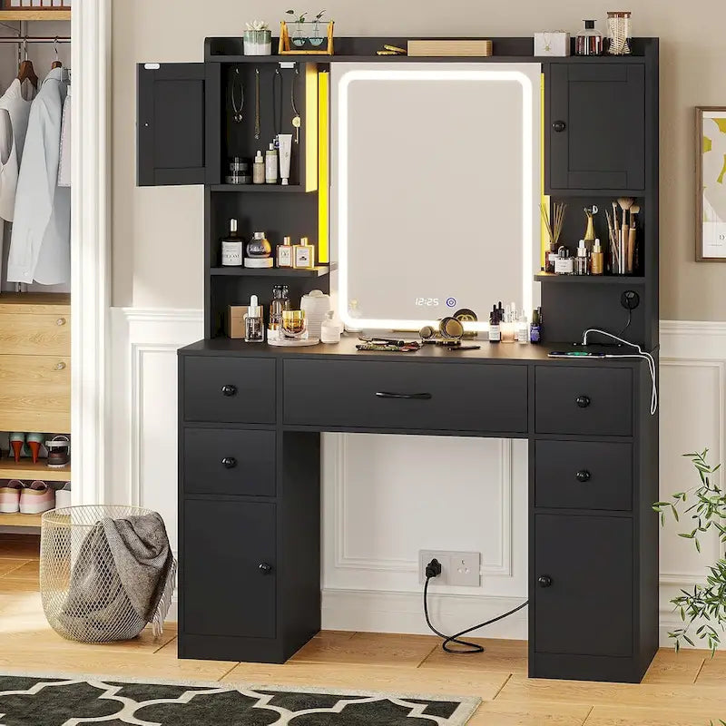 White/Brown/Black Vanity Desk with LED Mirror & Lights, 5 Drawers, Charging Station, for 1