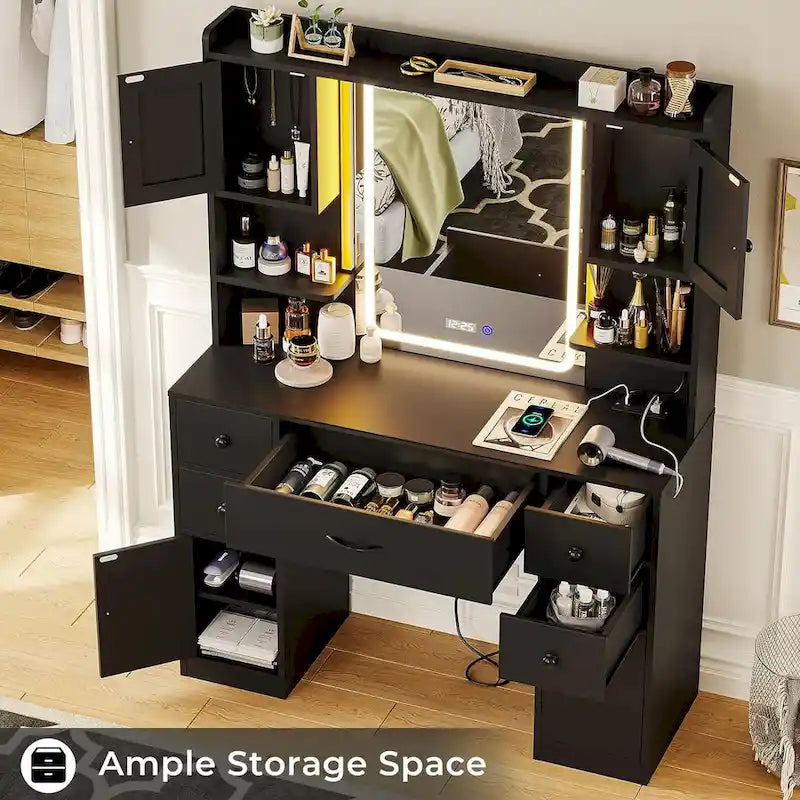 White/Brown/Black Vanity Desk with LED Mirror & Lights, 5 Drawers, Charging Station, for 1