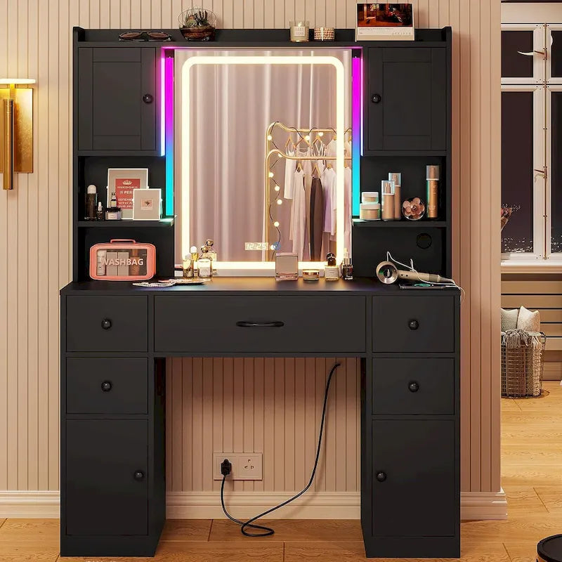 White/Brown/Black Vanity Desk with LED Mirror & Lights, 5 Drawers, Charging Station, for 1