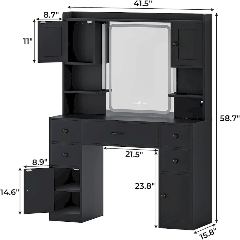 White/Brown/Black Vanity Desk with LED Mirror & Lights, 5 Drawers, Charging Station, for 1